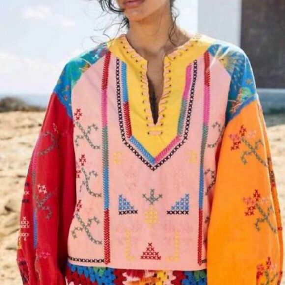 FARM Rio Whipstitched Colorful Embroidered Poplin Blouse Size XS - Picture 1 of 10